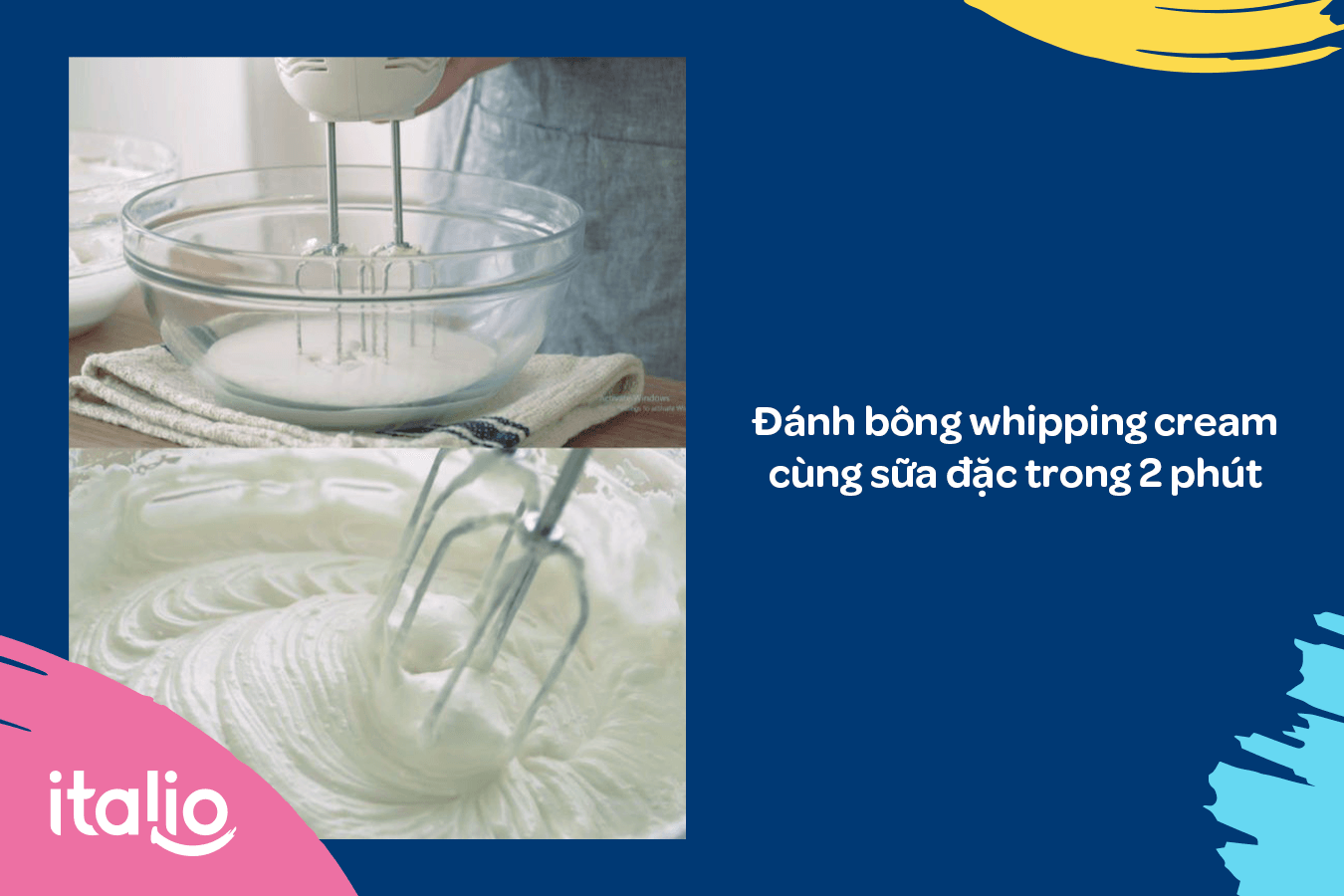 Đánh bông whipping cream cùng với sữa đặc bằng máy đánh trứng 